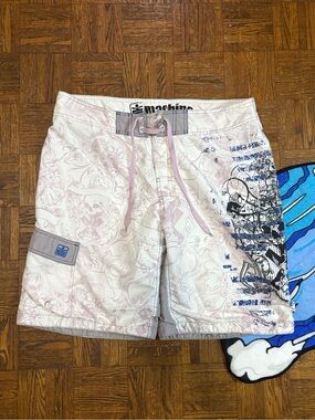 Vintage Y2K Machine Board shorts Skater Surf Grunge Skull Graphic